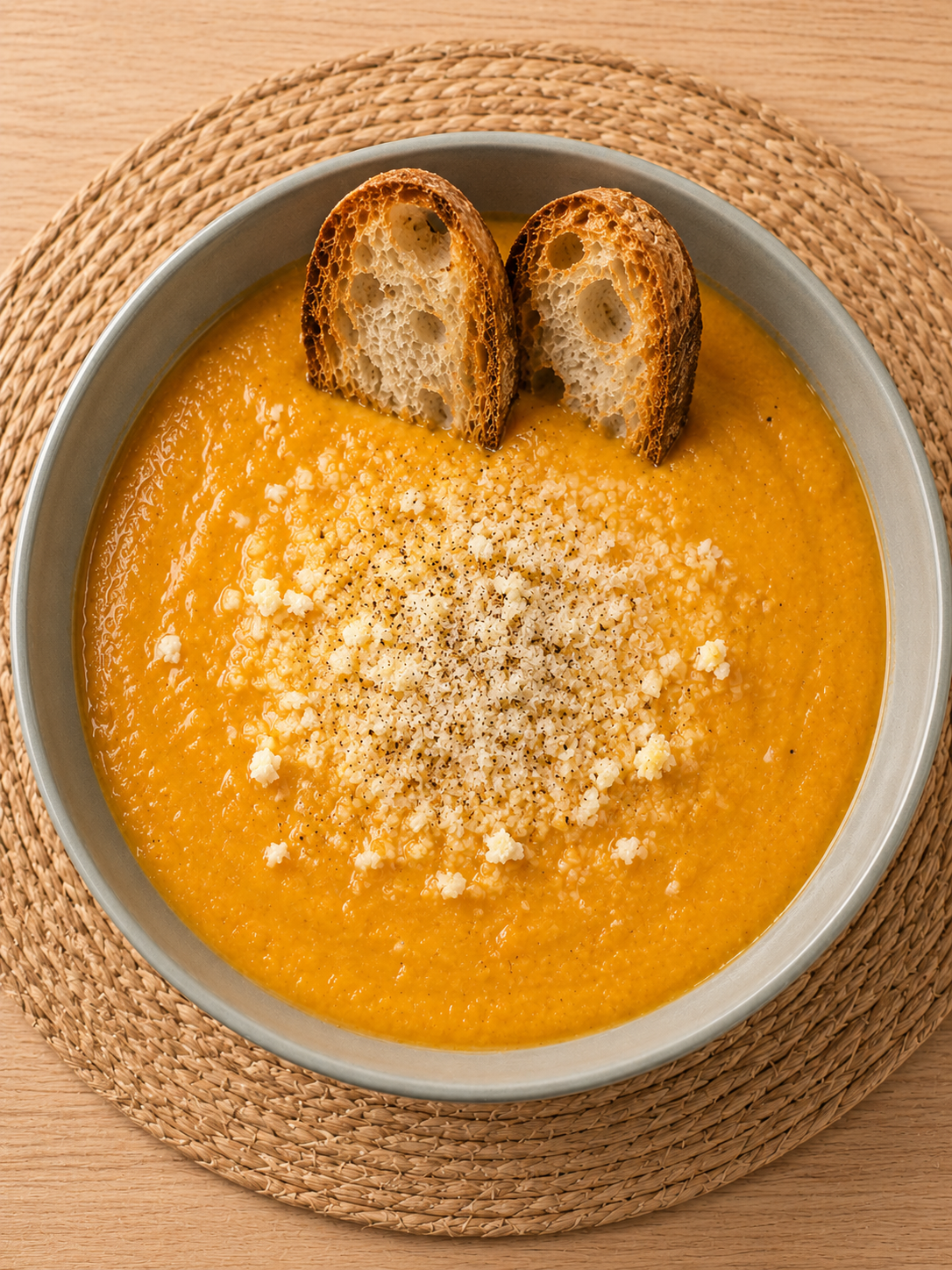 Crema di Carote e Lenticchie Rosse con Crostini di Pane e Parmigiano