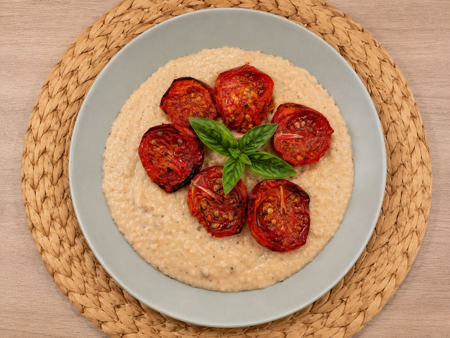Crema di Cannellini al Limone con Pomodori Freschi al Forno e Basilico