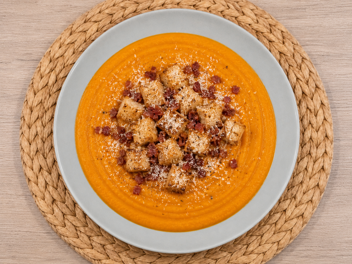 Crema di Zucca con Crostini, Speck e Pecorino